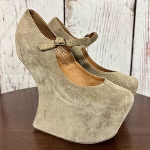 JEFFREY CAMPBELL NIGHT WALK heelless Stylish Tan Platform Wedge MaryJane Shoes 7